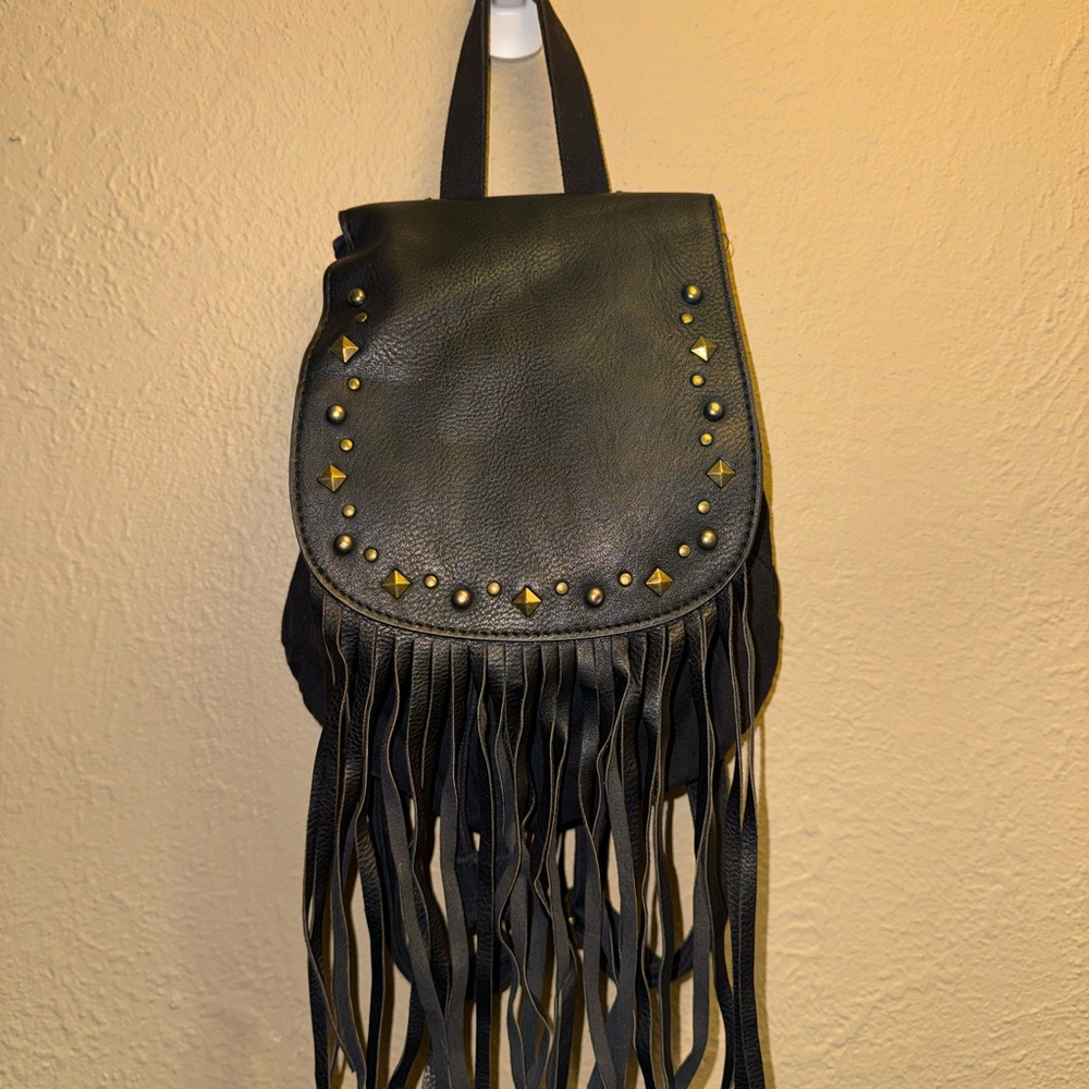 Black Fringe Leather Backpack